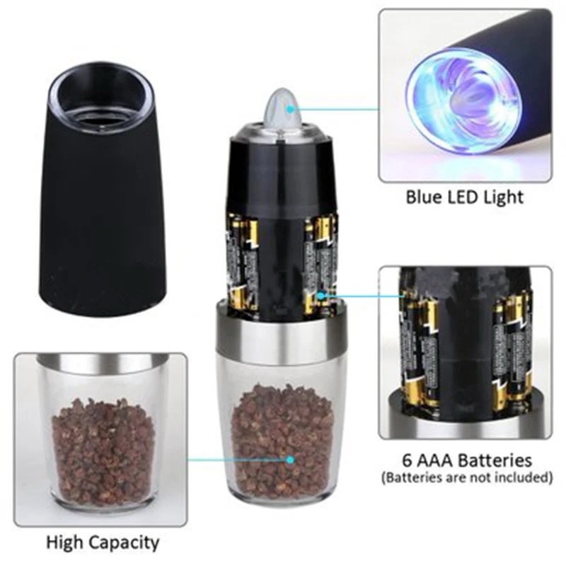 Gravity Electric Salt and Pepper Grinder Set Automatic Pepper and Salt Mill Grinder Battery-Operated with Adjustable Coarseness