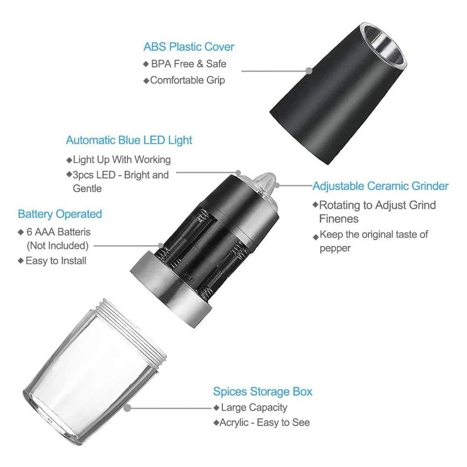 Gravity Electric Salt and Pepper Grinder Set Automatic Pepper and Salt Mill Grinder Battery-Operated with Adjustable Coarseness