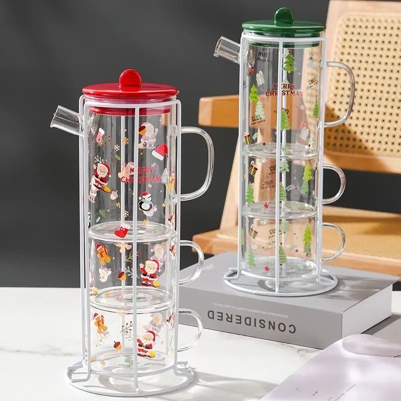Christmas Glass Water Pitcher with Two Cups Set