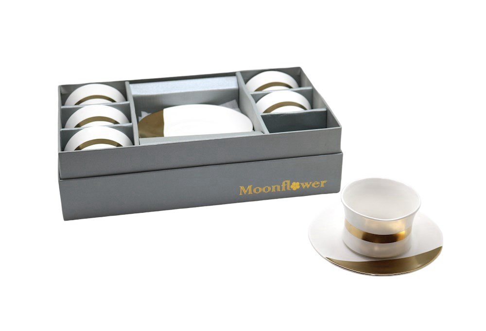 SET OF 12 CERAMIC PUDDING BOWLS/SAUCERS - GOLD DESIGN